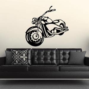 Motorcycle wall decal, black vinyl line art of a sport bike on a wall
