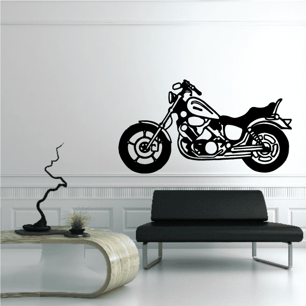 Motorcycle wall decal, black vinyl silhouette of a cruiser motorcycle in profile
