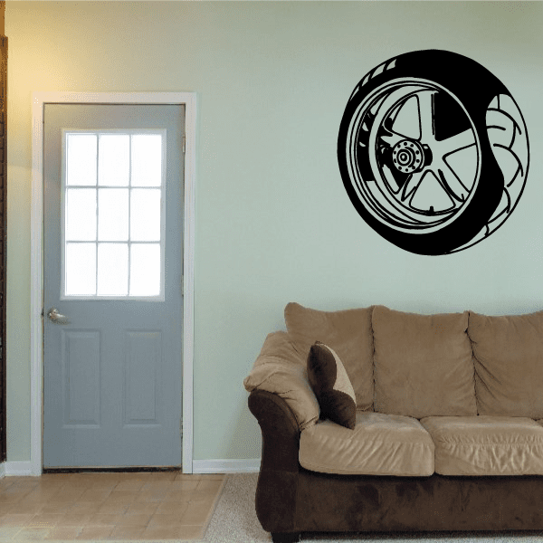Motorcycle wheel vinyl wall decal with black circular tire and spokes