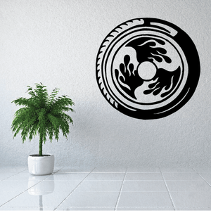 Black circular motorcycle wall decal with rider silhouette and flame-like border