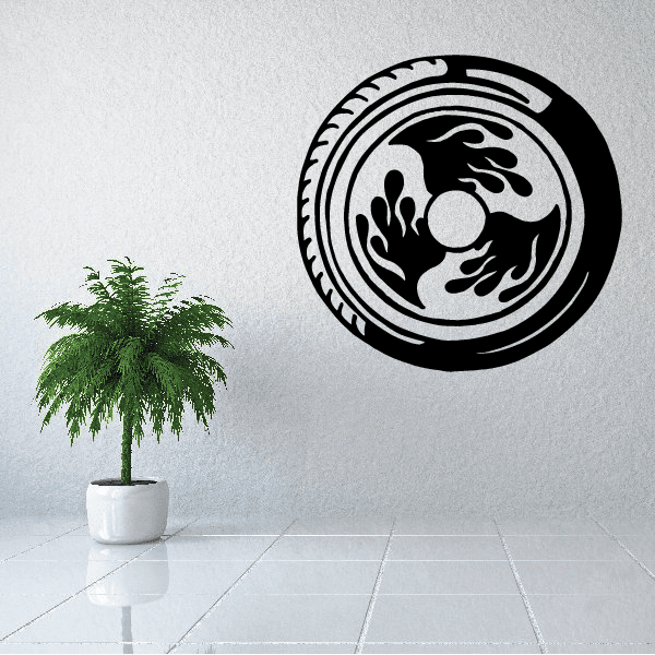 Black circular motorcycle wall decal with rider silhouette and flame-like border