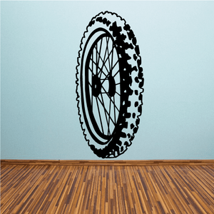 Large motorcycle wheel vinyl wall decal, black tire with spokes and inner rim