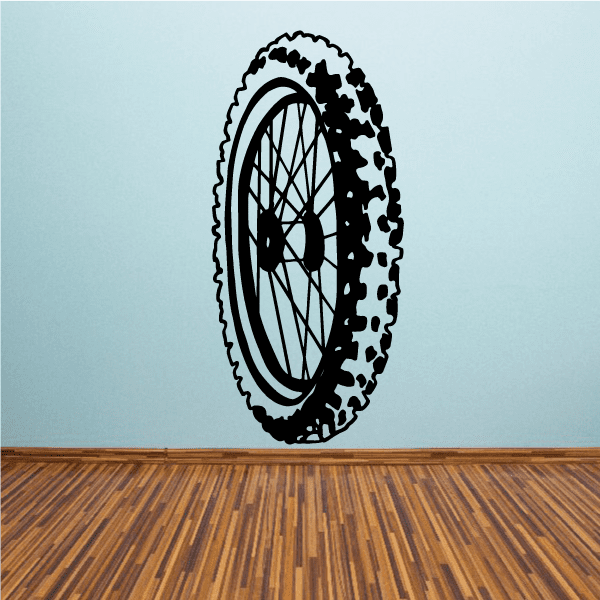 Large motorcycle wheel vinyl wall decal, black tire with spokes and inner rim