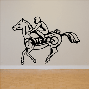 Motorcycle wall decal of a rider on a horse with a motorcycle, black outline