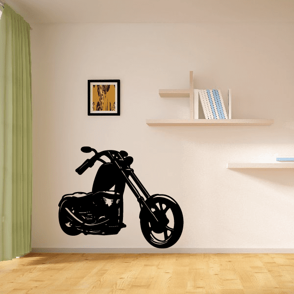 Motorcycle wall decal in black vinyl, side view with wheels and handlebars