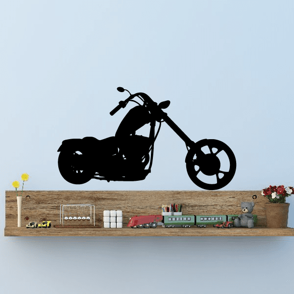 Motorcycle wall decal, black vinyl silhouette of a chopper-style bike with front wheel
