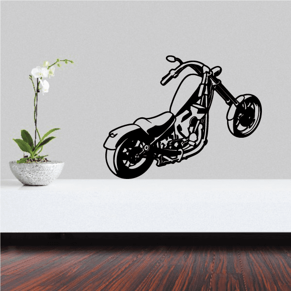 Black motorcycle wall decal with detailed line-art design, vinyl sticker.