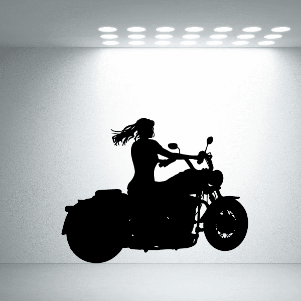 Motorcycle wall decal, black rider on motorcycle in side profile silhouette