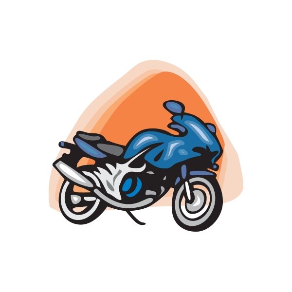 Blue motorcycle vinyl wall decal, die-cut sticker with orange flame shape
