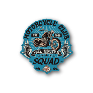 Motorcycle club squad vinyl sticker with bike, wings, and 'Full Throttle Squad' text