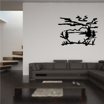 Mountain wall decal in black silhouette with pine trees and rugged linework
