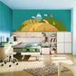 Mountain wall decal with stylized hills, pine trees, and small cabins