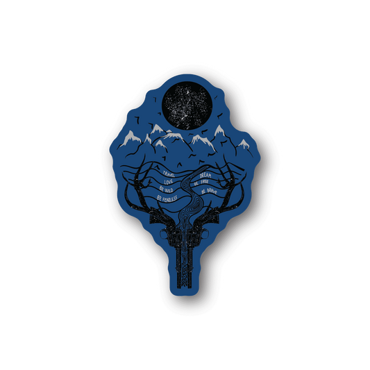 Vinyl sticker of blue hot air balloon with mountain scene and dark moon circle