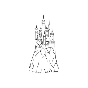 Castle decal with outline mountain castle on rocky base