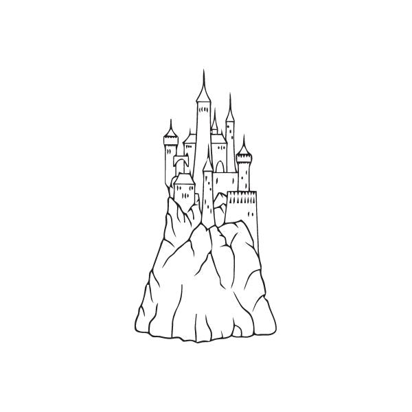 Castle decal with outline mountain castle on rocky base