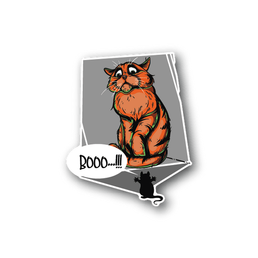 Orange cat vinyl sticker with 'BOOO....!!' text and mouse silhouette