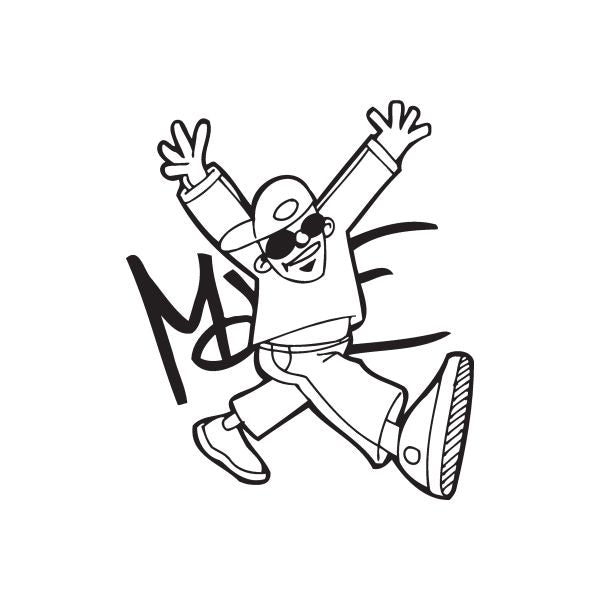 Graffiti-style cartoon character decal with motion poses and bold black outlines