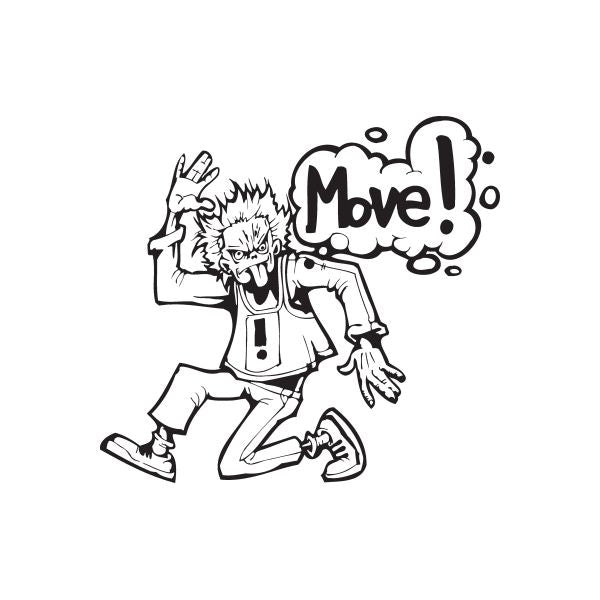 Graffiti decal sticker with a kneeling anime character and “Move” bubble text