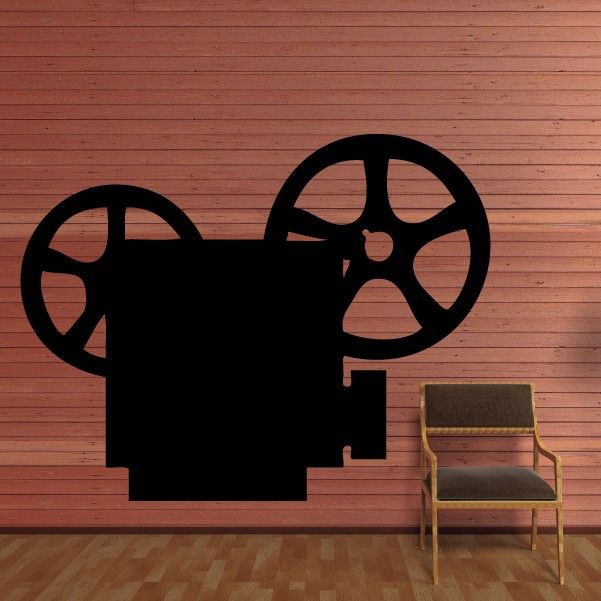 Movie theater camera reel decal, black film camera silhouette with reels and base