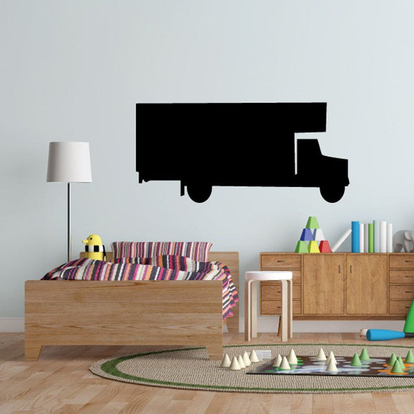Black moving truck vinyl wall decal with open door and wheels