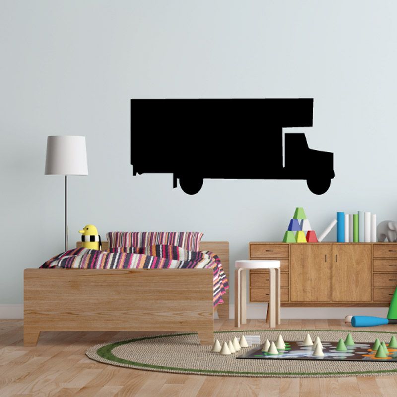 Black moving truck vinyl wall decal with open door and wheels