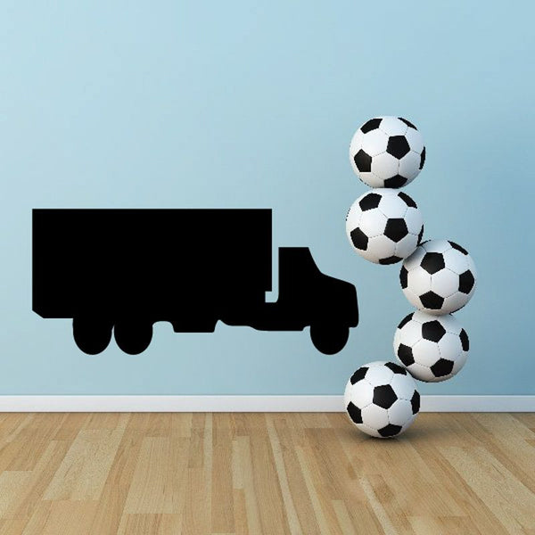 Moving truck wall decal with black truck silhouette and four soccer balls