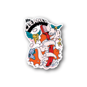 Mr Cleaner toothbrush vinyl sticker with cartoon cleaner and bold logo text