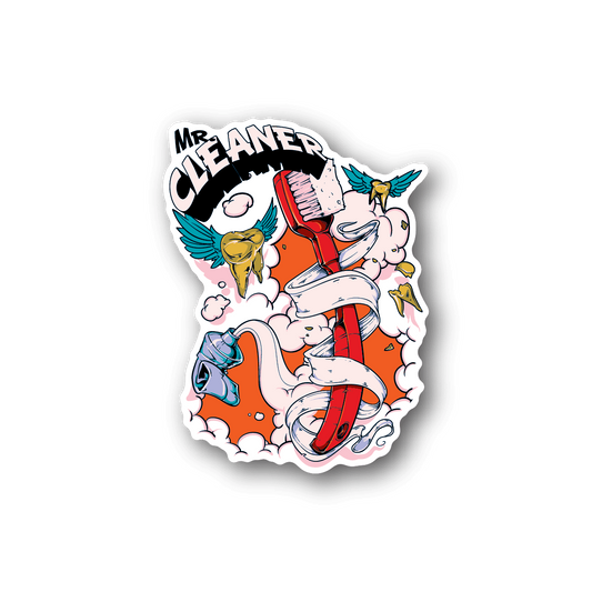 Mr Cleaner toothbrush vinyl sticker with cartoon cleaner and bold logo text