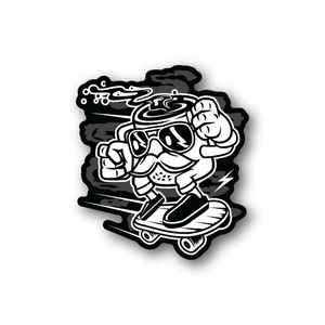 Skateboarding vinyl sticker with cartoon figure riding a skateboard, black-and-white outline