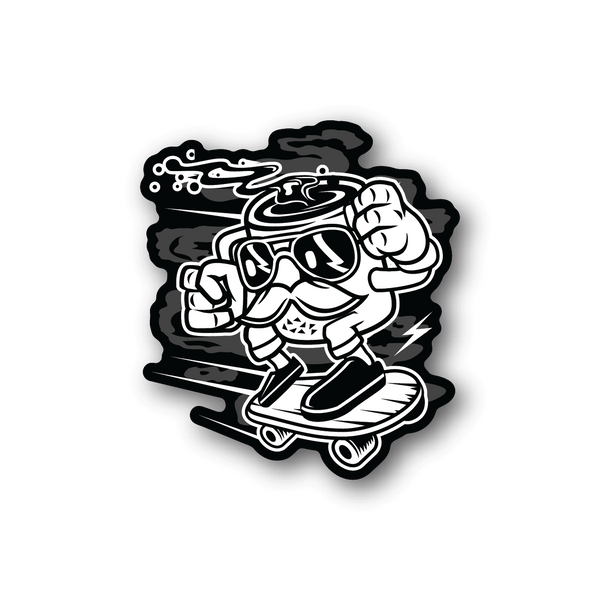 Skateboarding vinyl sticker with cartoon figure riding a skateboard, black-and-white outline