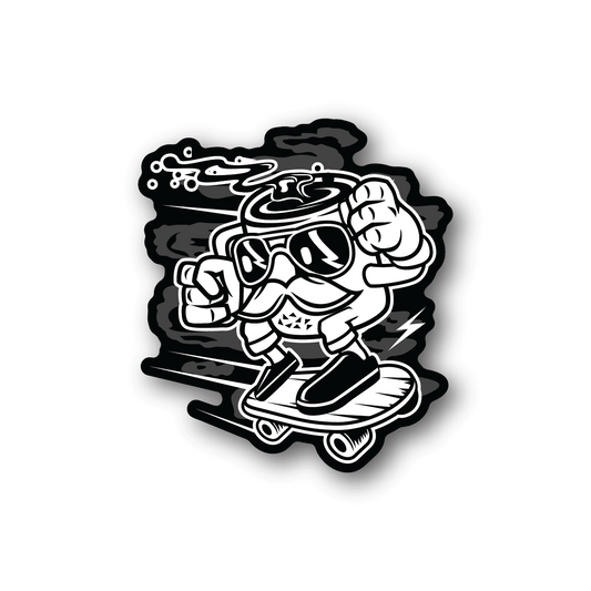 Skateboarding vinyl sticker with cartoon figure riding a skateboard, black-and-white outline
