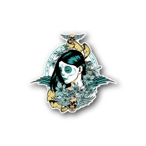 Vinyl sticker with colorful cartoon skull and anime-style face, teal and cream tones