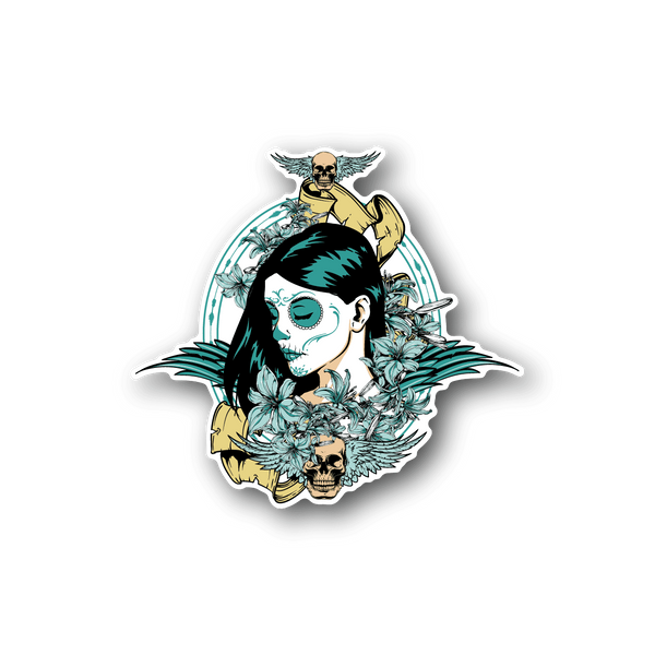 Vinyl sticker with colorful cartoon skull and anime-style face, teal and cream tones