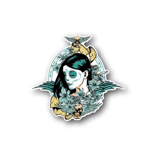 Vinyl sticker with colorful cartoon skull and anime-style face, teal and cream tones
