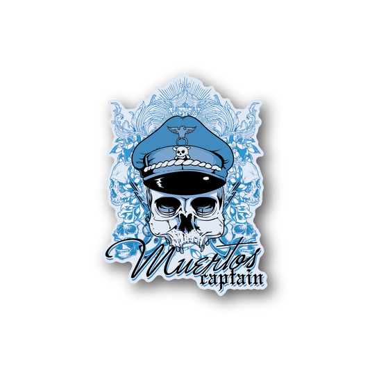 Vinyl pirate captain sticker with skull and hat, blue flames border