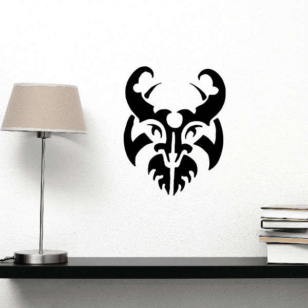 Black multi-horned demon mask wall decal with stylized face and horns
