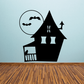 Haunted house porch window decal, black silhouette with bats and spire