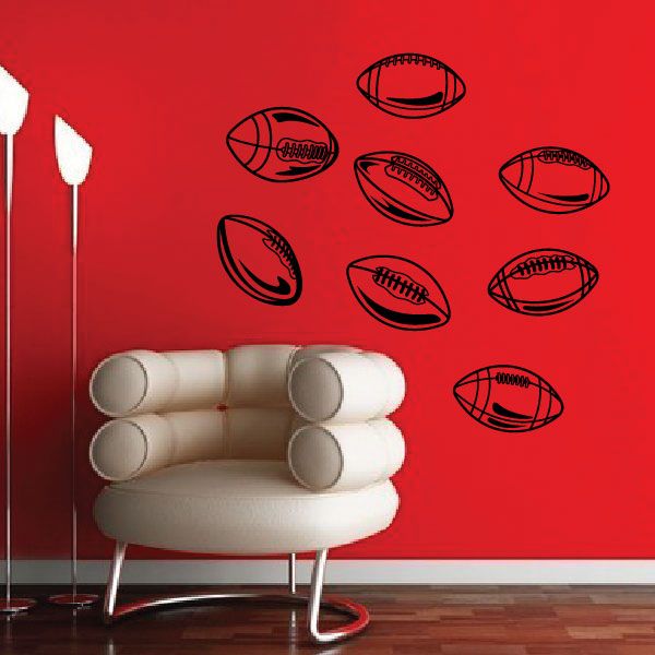 Set of football wall decals with multiple black-outlined football shapes