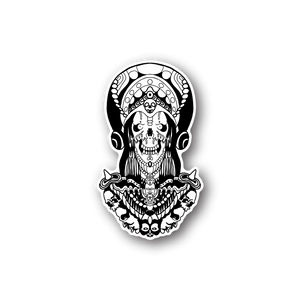 Mummy head vinyl sticker: black-and-white skull with headdress and ornaments