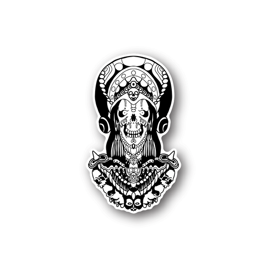 Mummy head vinyl sticker: black-and-white skull with headdress and ornaments