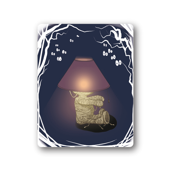 Mummy lamp vinyl sticker, rectangular with dark blue mummy and lampshade art
