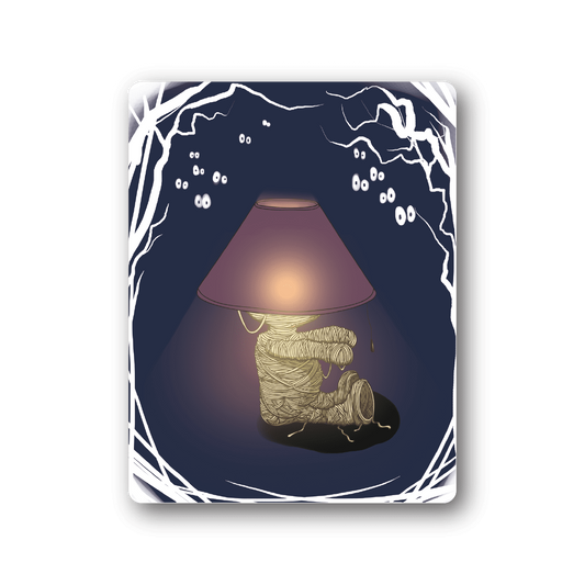 Mummy lamp vinyl sticker, rectangular with dark blue mummy and lampshade art
