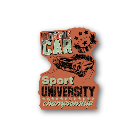 Orange muscle car sport university vinyl sticker with text and silhouette