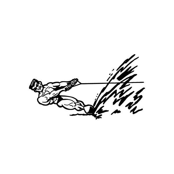 Wakeboarding decal of a muscular man leaning forward with splash lines