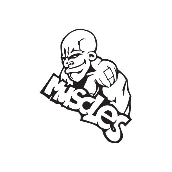 Graffiti muscles decal with cartoon boxer flexing fist and stylized barbell text