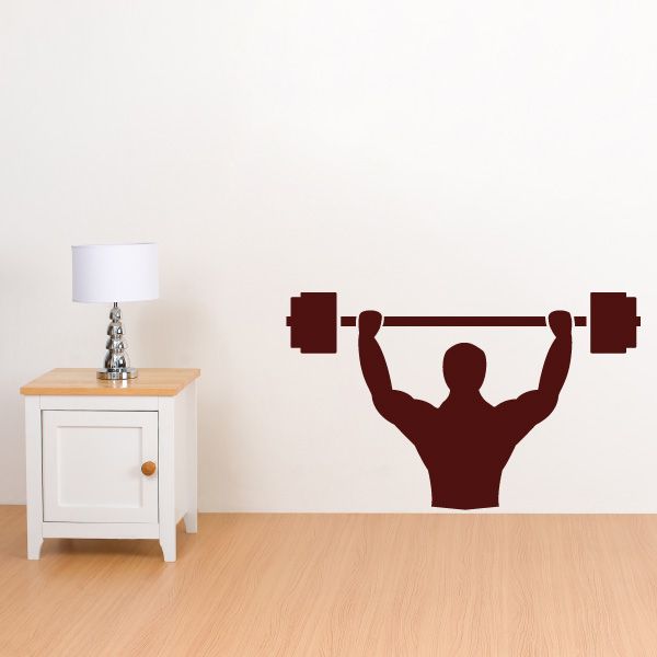 Muscular man lifting weights wall decal in dark red barbell silhouette