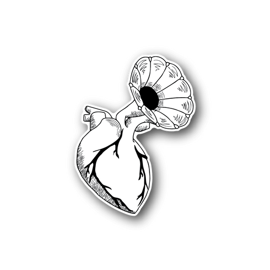 Heart-shaped vinyl sticker with hands and vinyl record illustration