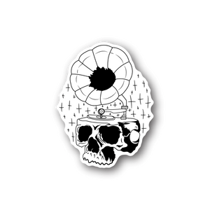 Vinyl sticker with black-and-white skull artwork, vinyl record, cross symbols, and banner