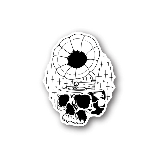 Vinyl sticker with black-and-white skull artwork, vinyl record, cross symbols, and banner