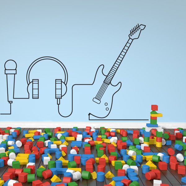 Music line art wall decal with microphone, arch headphones, and guitar